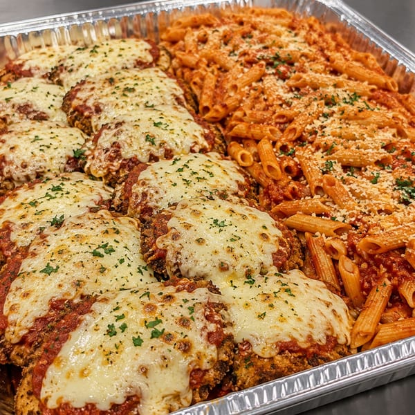 A catering tray filled with chicken parmesan and penne pasta with red sauce.
